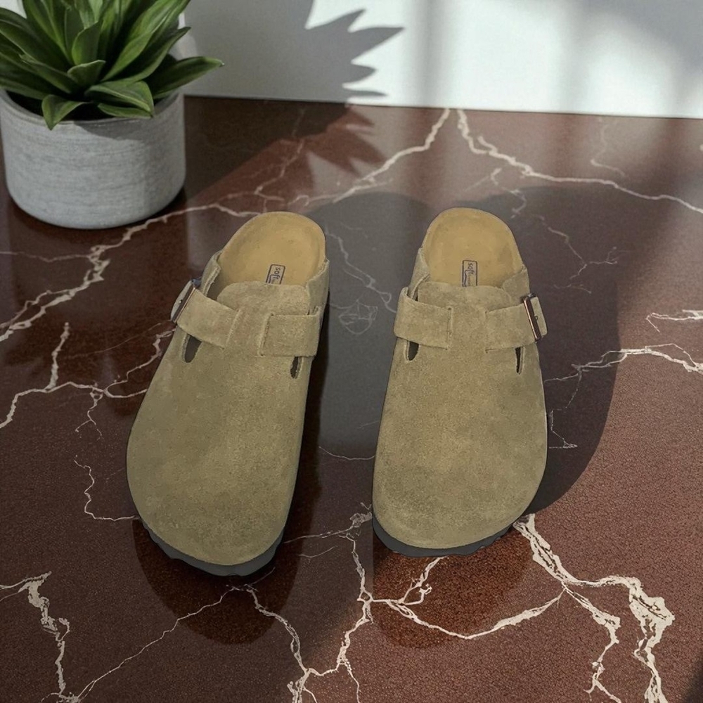 Birkenstock Boston Narrow Taupe Mules Suede Slip-On Comfort